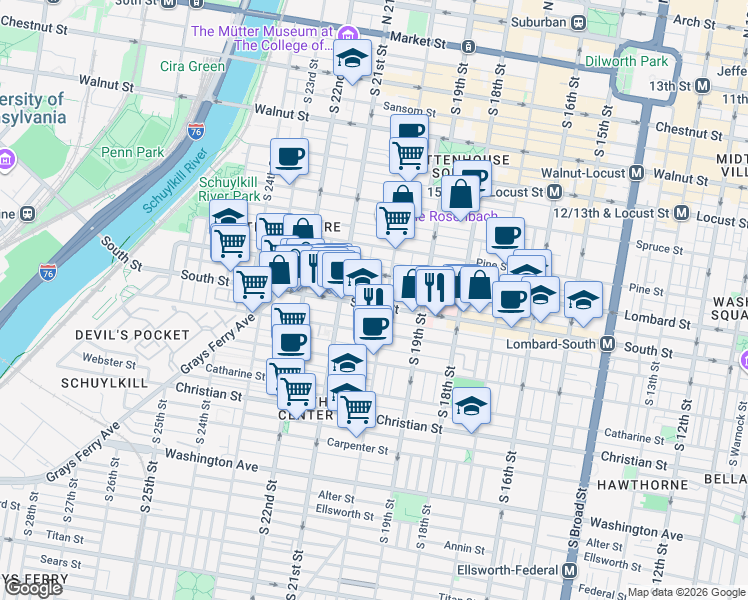 map of restaurants, bars, coffee shops, grocery stores, and more near 2031 South Street in Philadelphia