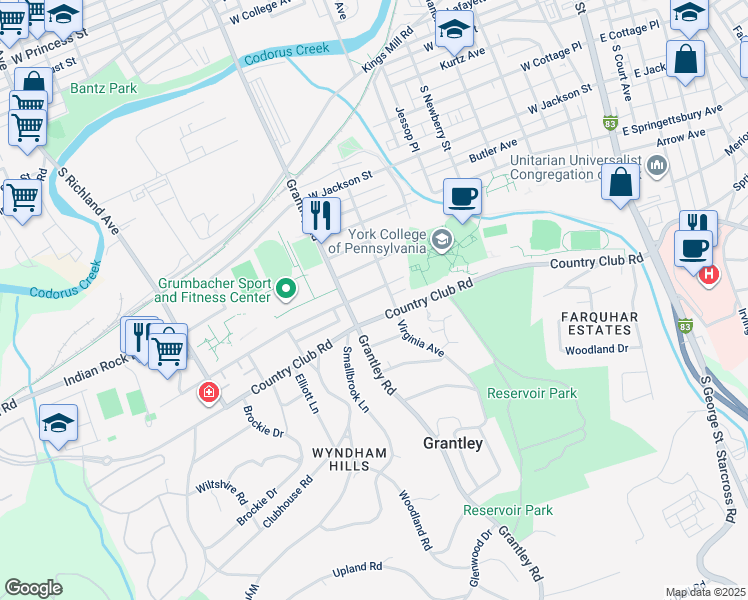 map of restaurants, bars, coffee shops, grocery stores, and more near 516 Colonial Avenue in York