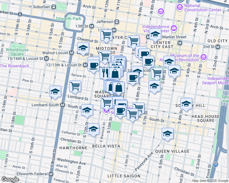 map of restaurants, bars, coffee shops, grocery stores, and more near 922 Clinton Street in Philadelphia