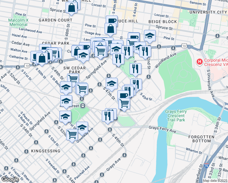 map of restaurants, bars, coffee shops, grocery stores, and more near 4618R Kingsessing Avenue in Philadelphia