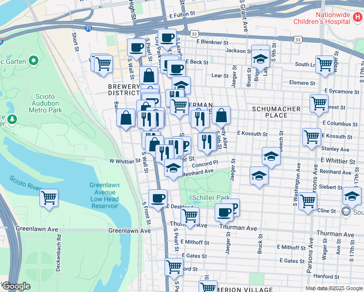 map of restaurants, bars, coffee shops, grocery stores, and more near 849 South 3rd Street in Columbus
