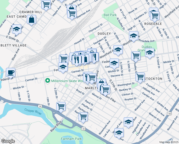 map of restaurants, bars, coffee shops, grocery stores, and more near 72 South 26th Street in Camden