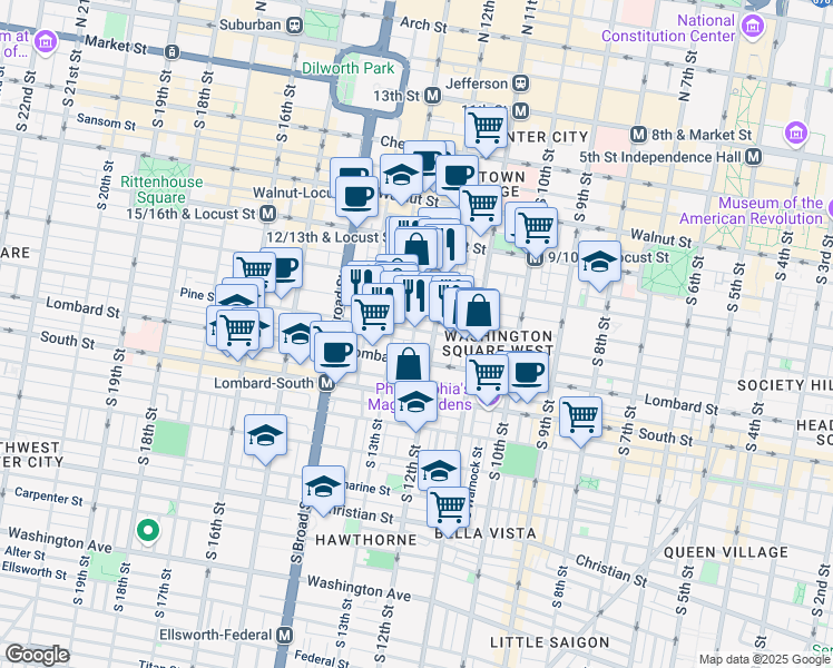 map of restaurants, bars, coffee shops, grocery stores, and more near 1214 Pine Street in Philadelphia
