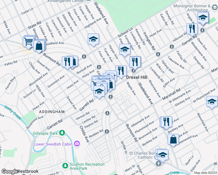 map of restaurants, bars, coffee shops, grocery stores, and more near 3601 Garrett Road in Drexel Hill