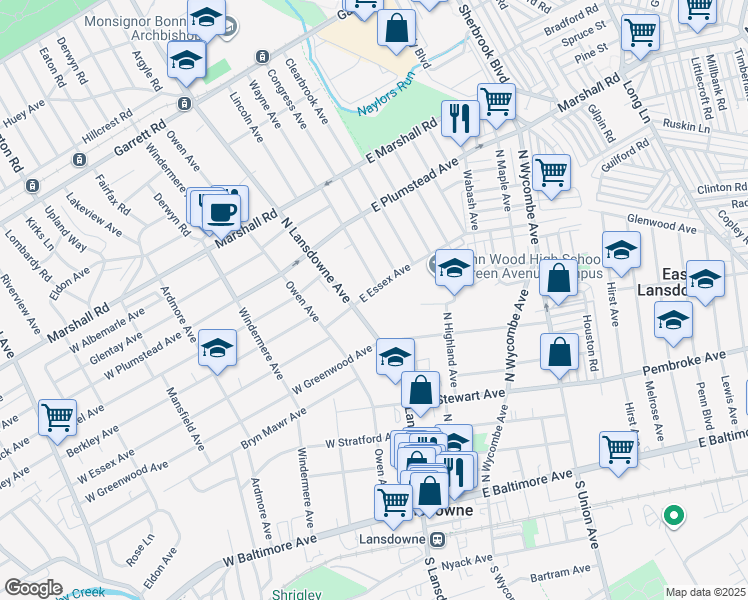 map of restaurants, bars, coffee shops, grocery stores, and more near 18 East Essex Avenue in Lansdowne