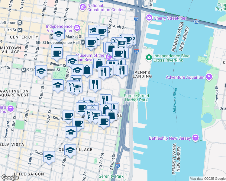 map of restaurants, bars, coffee shops, grocery stores, and more near S 2nd St & Locust St in Philadelphia