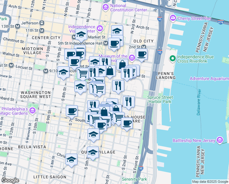 map of restaurants, bars, coffee shops, grocery stores, and more near 323 Spruce Street in Philadelphia