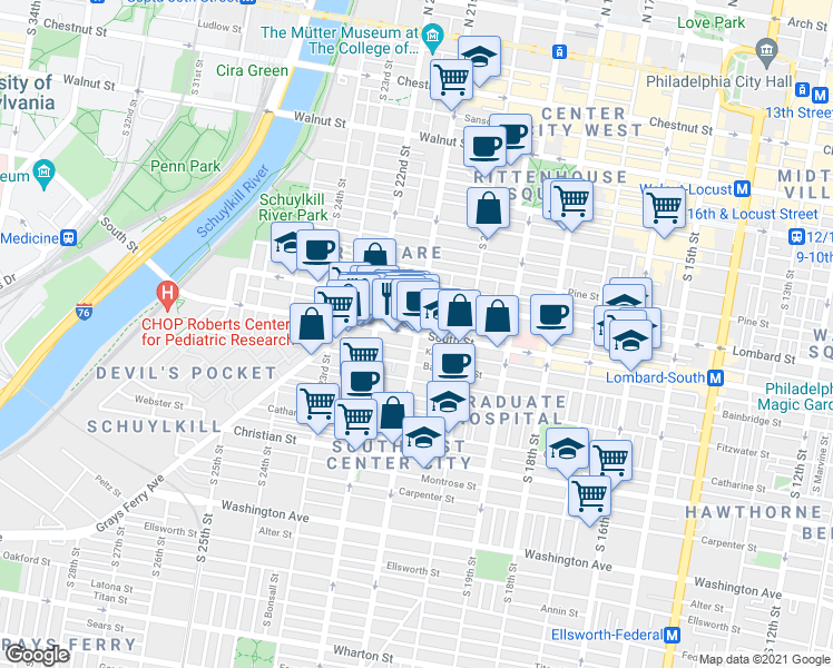map of restaurants, bars, coffee shops, grocery stores, and more near S 21st St & South St in Philadelphia