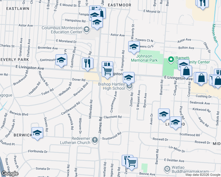 map of restaurants, bars, coffee shops, grocery stores, and more near 3092 Cressing Court in Columbus