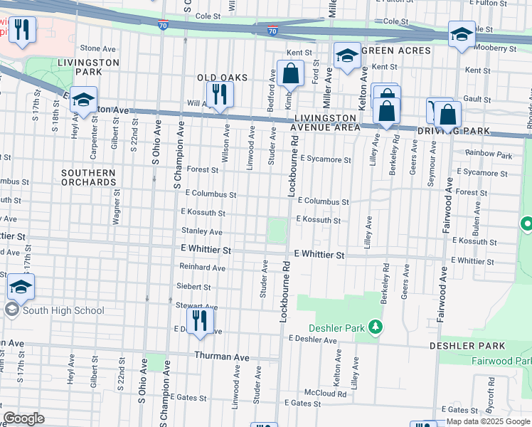 map of restaurants, bars, coffee shops, grocery stores, and more near 1017 Studer Ave in Columbus