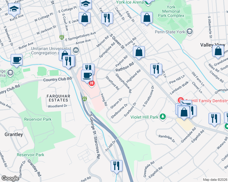 map of restaurants, bars, coffee shops, grocery stores, and more near 129 Highland Road in York