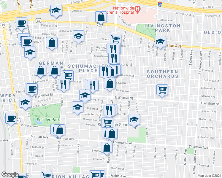 map of restaurants, bars, coffee shops, grocery stores, and more near 911 Parsons Avenue in Columbus