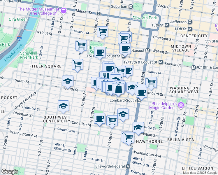 map of restaurants, bars, coffee shops, grocery stores, and more near 1642 Lombard Street in Philadelphia