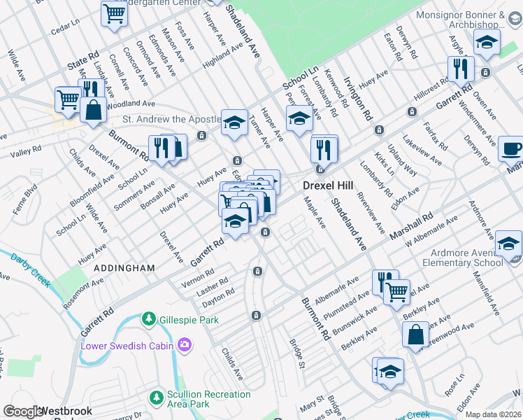 map of restaurants, bars, coffee shops, grocery stores, and more near 3601 Garrett Road in Drexel Hill