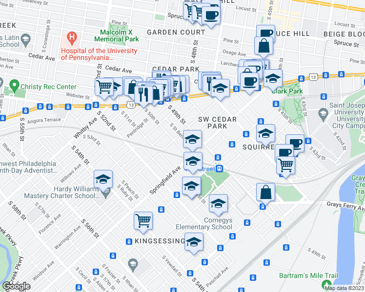 map of restaurants, bars, coffee shops, grocery stores, and more near 1027 South 50th Street in Philadelphia