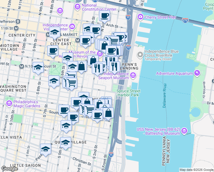 map of restaurants, bars, coffee shops, grocery stores, and more near 220 Locust Street in Philadelphia