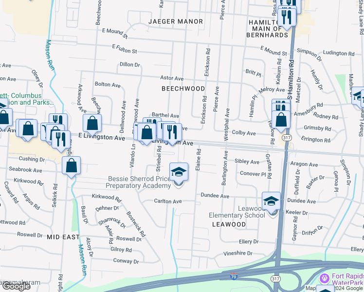 map of restaurants, bars, coffee shops, grocery stores, and more near 69 Livingston Court in Columbus