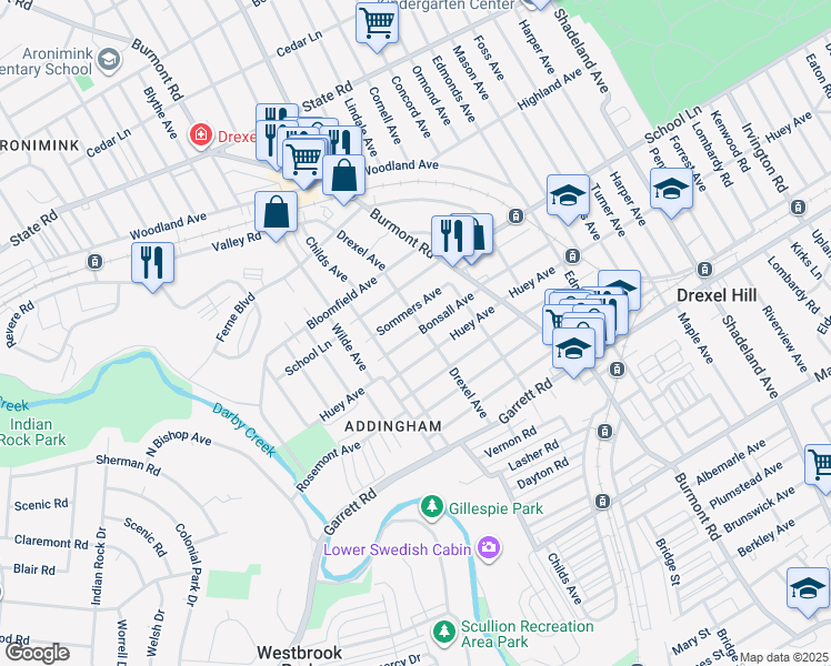 map of restaurants, bars, coffee shops, grocery stores, and more near 4118 Bonsall Ave in Drexel Hill