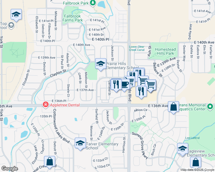map of restaurants, bars, coffee shops, grocery stores, and more near 13648 Garfield Street in Thornton