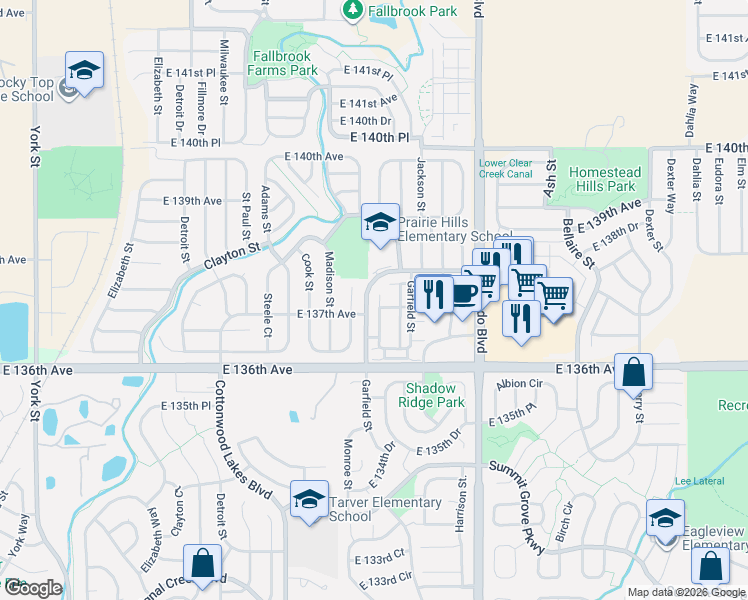 map of restaurants, bars, coffee shops, grocery stores, and more near 13640 Garfield Street in Thornton