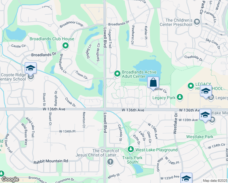 map of restaurants, bars, coffee shops, grocery stores, and more near 13708 Boulder Point in Broomfield