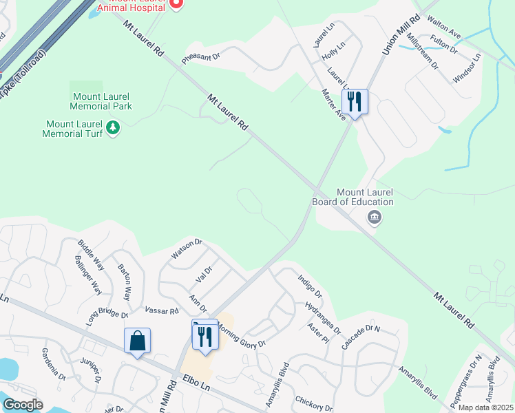map of restaurants, bars, coffee shops, grocery stores, and more near 100 Buckingham Way in Mount Laurel Township
