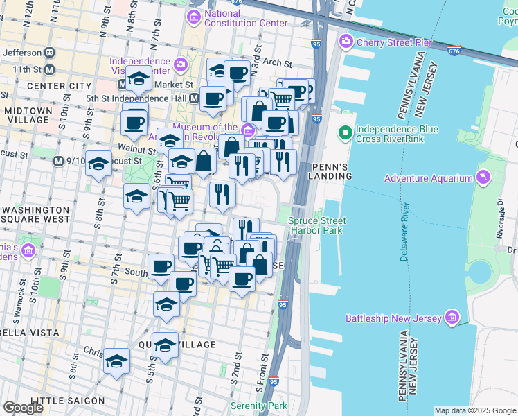 map of restaurants, bars, coffee shops, grocery stores, and more near 210 Locust Street in Philadelphia