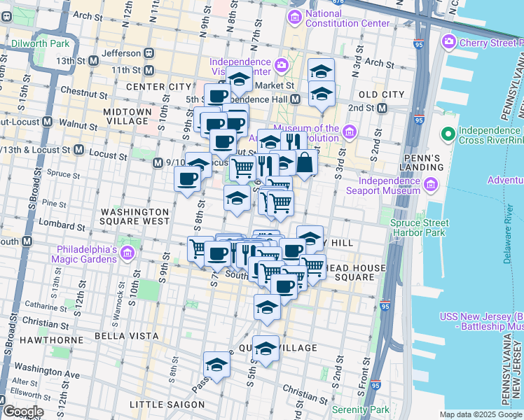 map of restaurants, bars, coffee shops, grocery stores, and more near 311-13 South 6th Street in Philadelphia