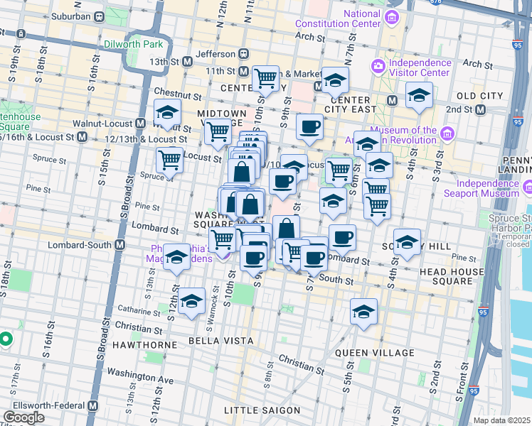 map of restaurants, bars, coffee shops, grocery stores, and more near 801 Pine Street in Philadelphia