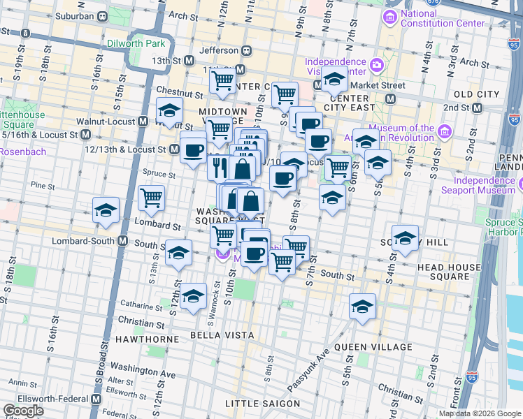 map of restaurants, bars, coffee shops, grocery stores, and more near in Philadelphia