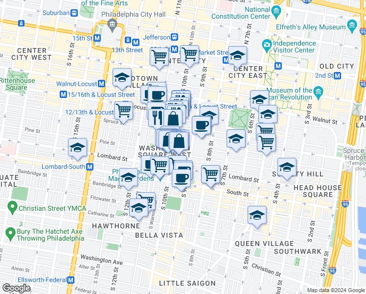map of restaurants, bars, coffee shops, grocery stores, and more near in Philadelphia