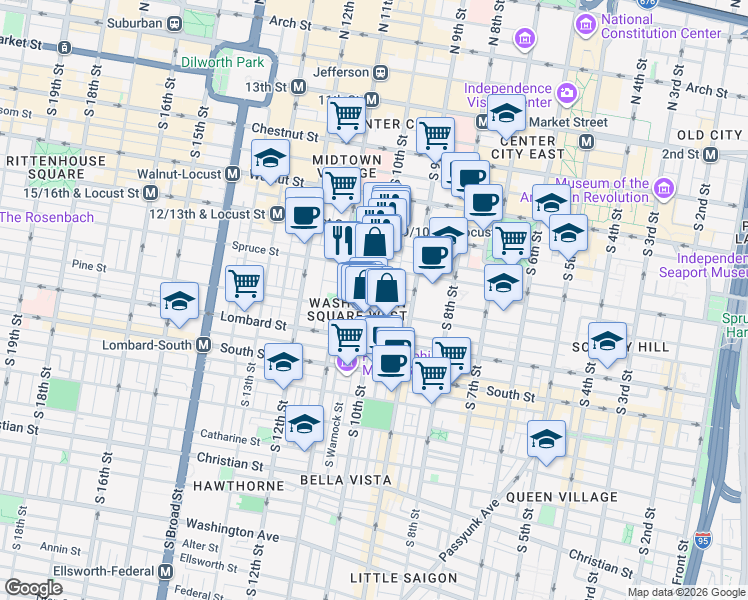 map of restaurants, bars, coffee shops, grocery stores, and more near 922 Clinton Street in Philadelphia