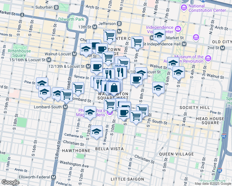 map of restaurants, bars, coffee shops, grocery stores, and more near 1021 Pine Street in Philadelphia