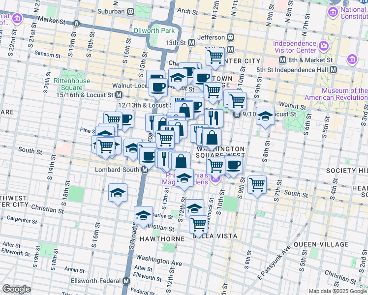 map of restaurants, bars, coffee shops, grocery stores, and more near 1214 Pine Street in Philadelphia
