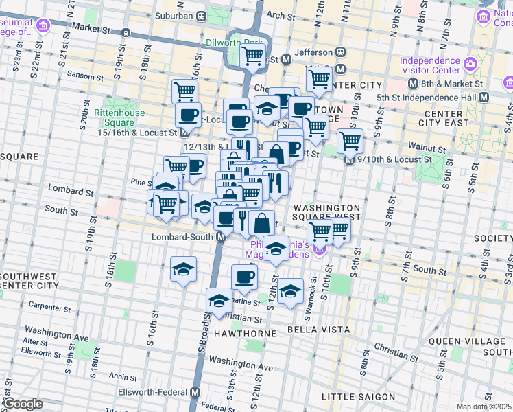 map of restaurants, bars, coffee shops, grocery stores, and more near 1310 Waverly Street in Philadelphia