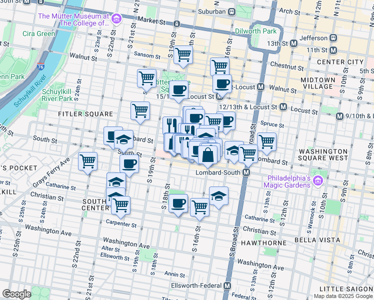 map of restaurants, bars, coffee shops, grocery stores, and more near 1720 Lombard Street in Philadelphia