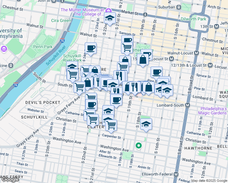 map of restaurants, bars, coffee shops, grocery stores, and more near 2007a South Street in Philadelphia