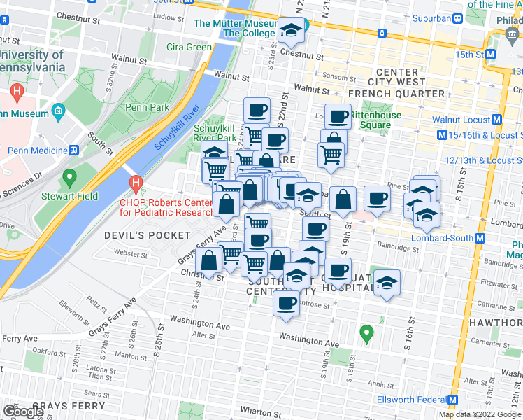map of restaurants, bars, coffee shops, grocery stores, and more near in Philadelphia