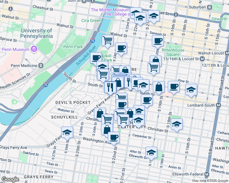 map of restaurants, bars, coffee shops, grocery stores, and more near 2235 Grays Ferry Avenue in Philadelphia