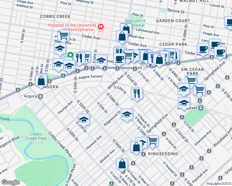 map of restaurants, bars, coffee shops, grocery stores, and more near 5329 Hadfield Street in Philadelphia