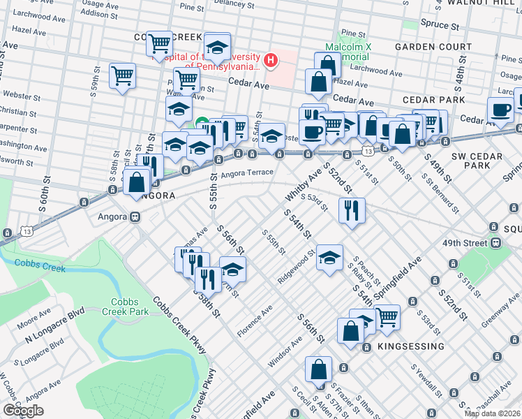 map of restaurants, bars, coffee shops, grocery stores, and more near 938 South Conestoga Street in Philadelphia