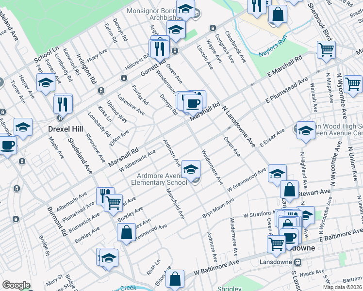 map of restaurants, bars, coffee shops, grocery stores, and more near 100 West Albemarle Avenue in Lansdowne