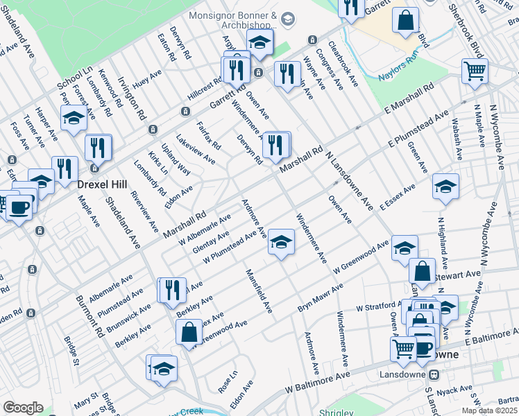 map of restaurants, bars, coffee shops, grocery stores, and more near 100 West Albemarle Avenue in Lansdowne