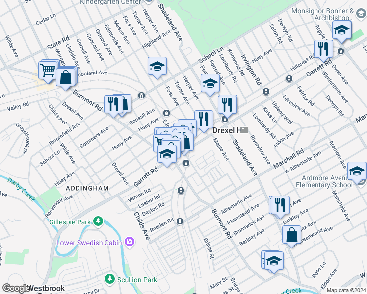 map of restaurants, bars, coffee shops, grocery stores, and more near 3601 Garrett Road in Drexel Hill