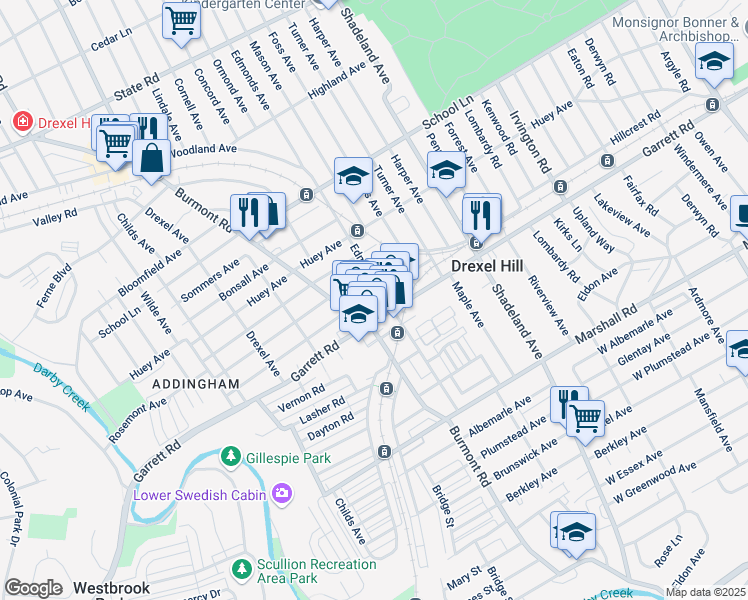 map of restaurants, bars, coffee shops, grocery stores, and more near 3708 Berry Avenue in Drexel Hill