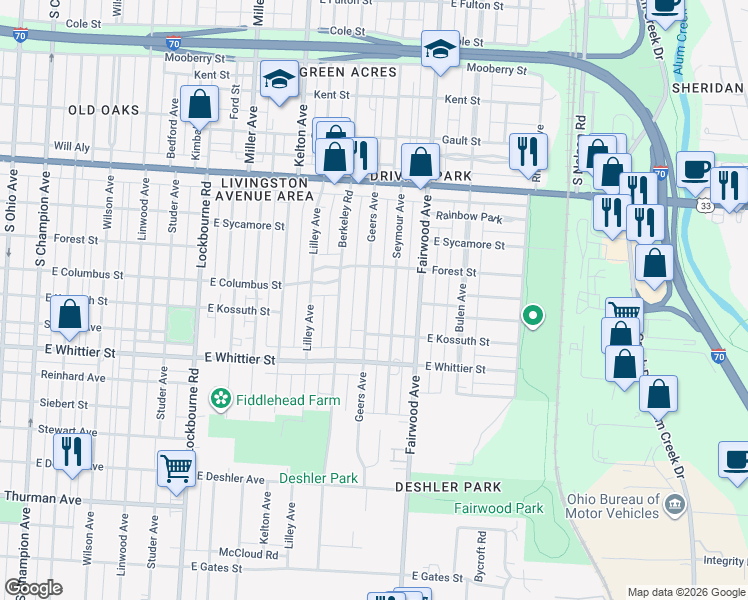 map of restaurants, bars, coffee shops, grocery stores, and more near 1062 Geers Avenue in Columbus