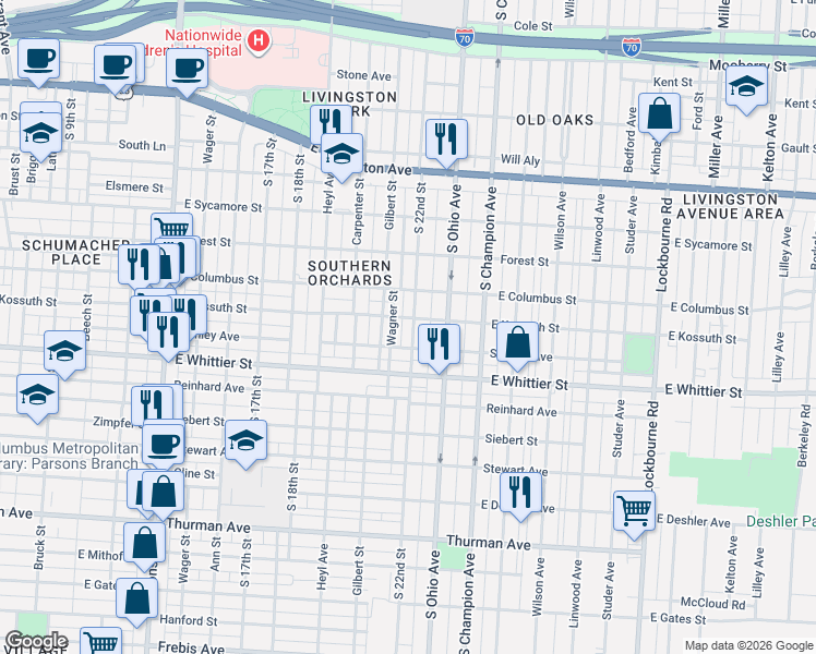 map of restaurants, bars, coffee shops, grocery stores, and more near 954 Gilbert Street in Columbus