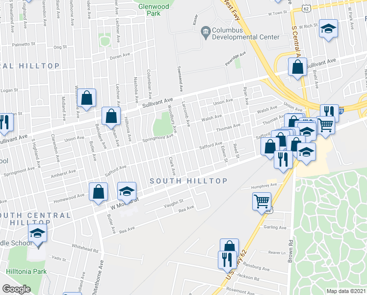 map of restaurants, bars, coffee shops, grocery stores, and more near 547 Woodbury Avenue in Columbus