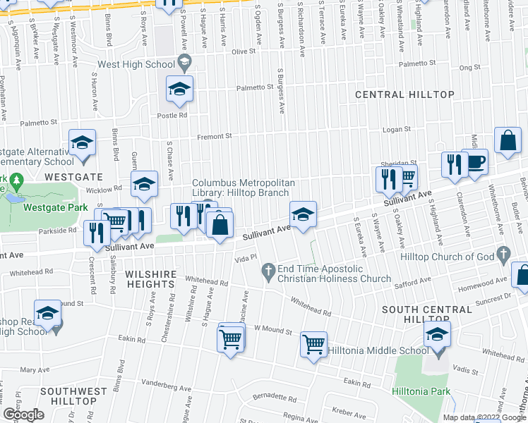 map of restaurants, bars, coffee shops, grocery stores, and more near 487 South Ogden Avenue in Columbus