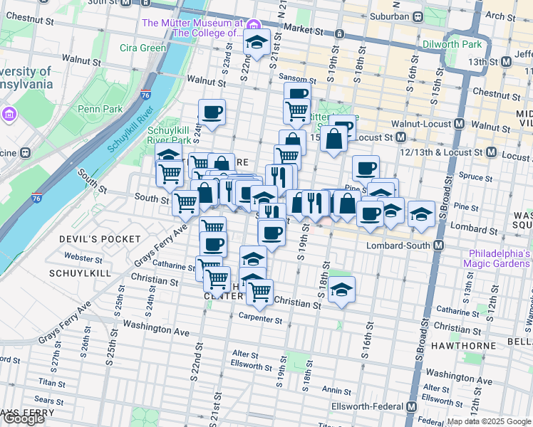 map of restaurants, bars, coffee shops, grocery stores, and more near 2031 South Street in Philadelphia